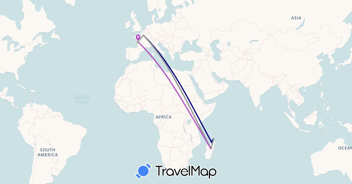 TravelMap itinerary: driving, plane, train, boat in France, Madagascar (Africa, Europe)