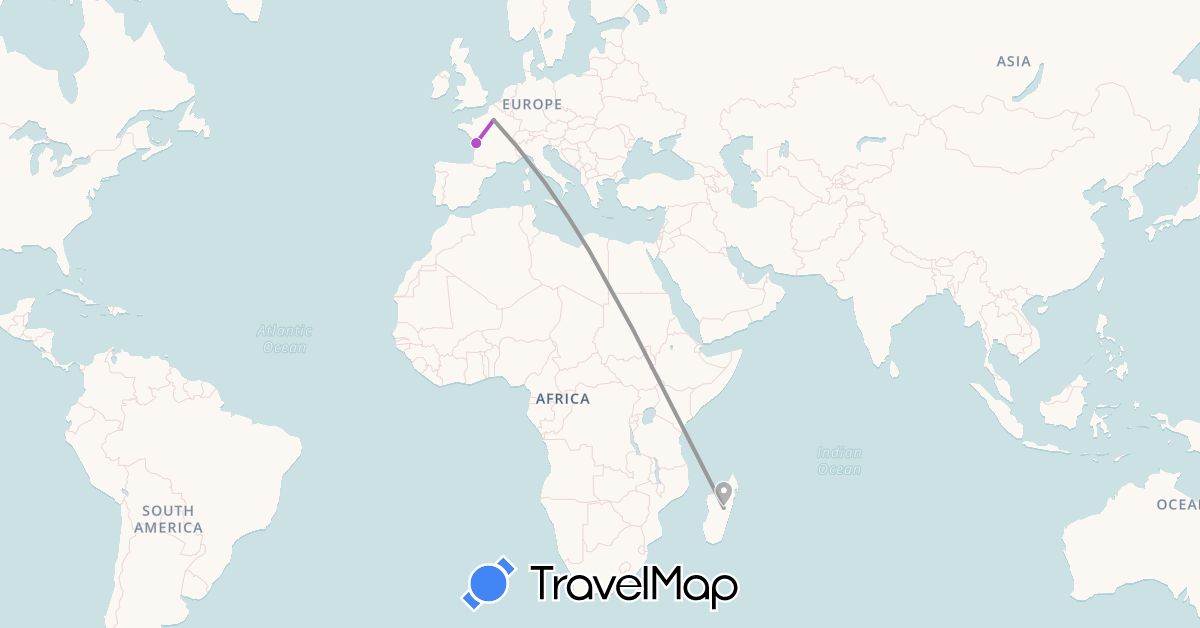 TravelMap itinerary: plane, train in France, Madagascar (Africa, Europe)